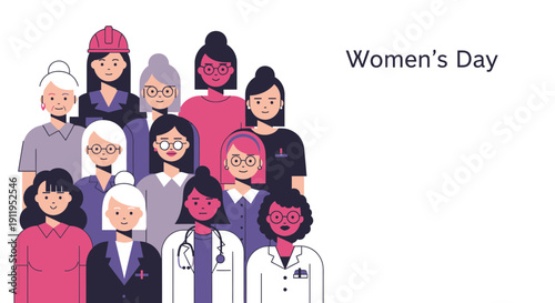 Diverse women celebrate women's day in a vibrant flat illustration style with various professions and ages