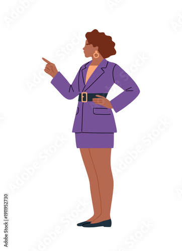 Flat illustration of a businesswoman in a vibrant purple suit, standing in profile and pointing forward. Bold modern style, clean lines, isolated on transparent background