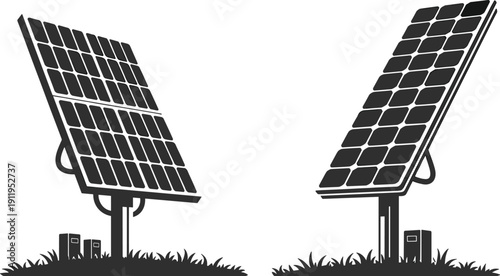 Black silhouette set of solar panels on grass, renewable energy system for sustainable power, green technology flat vector illustration isolated.
