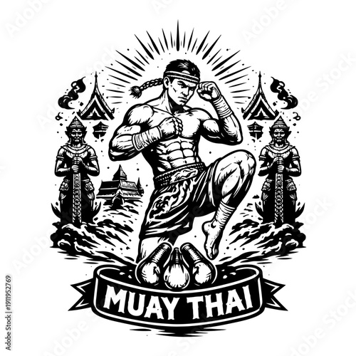 Traditional Muay Thai fighter in action pose with Thai culture elements in vintage woodcut style