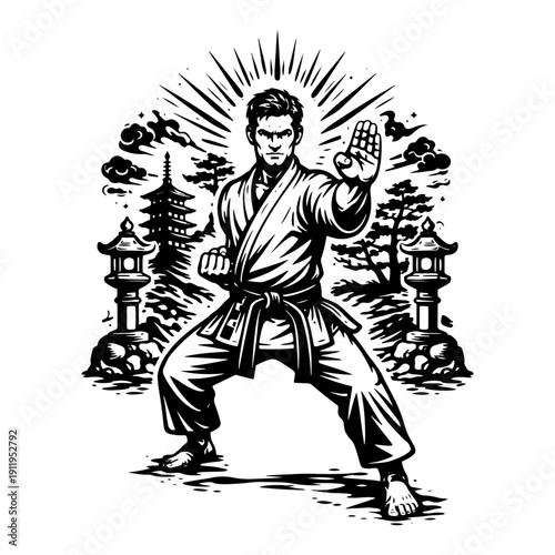 Karate master in traditional gi performing martial arts stance with pagoda background in engraving style