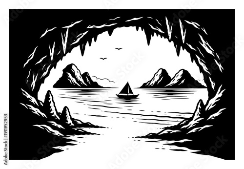 Scenic ocean view with sailboat and mountains seen from inside a dark coastal cave
