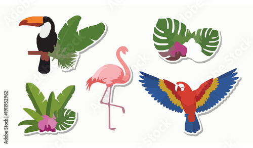 Tropical Bird Sticker Collection Toucan Flamingo Macaw with Exotic Jungle Leaves