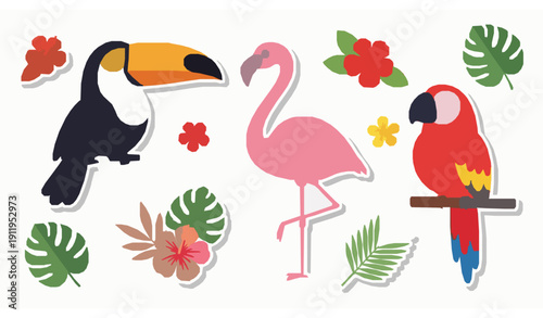 Cute Tropical Bird Sticker Set Toucan Flamingo Parrot with Jungle Flowers Vector