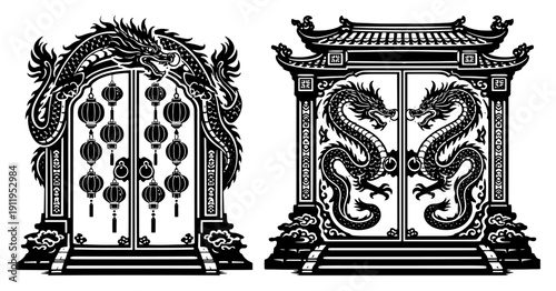 Traditional oriental gates decorated with dragons and hanging lanterns in vintage engraving style