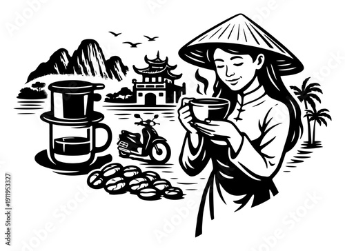 Vietnamese woman wearing conical hat drinking traditional drip coffee in scenic landscape
