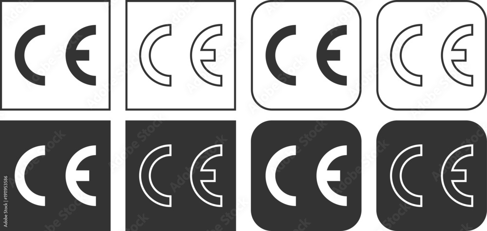 Obraz premium Collection of CE mark icons in square badges with solid and outline styles for different uses