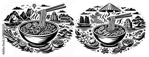 Two bowls of traditional oriental noodle soup with fresh ingredients in engraving style