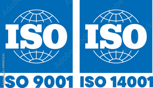 ISO globe icons with text labels for ISO 9001 and ISO 14001 standards