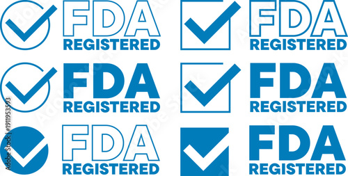 Collection of blue FDA Registered badges with check mark icons in different styles and sizes