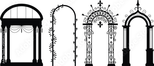 Black silhouette set of ornamental garden arches, wedding gates, decorative floral trellises, and architectural wrought iron frames, flat vector illustration.
