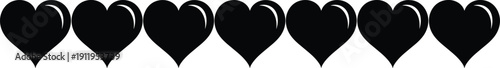 Horizontal row of seven glossy black heart icons isolated on white background vector illustration for valentine day decoration border or divider design element