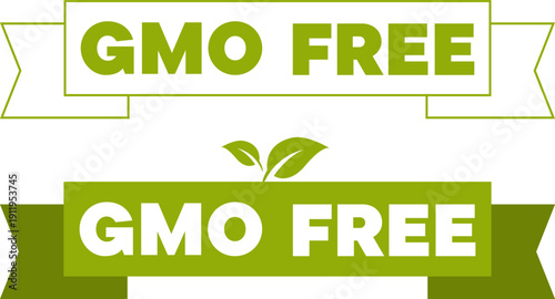 Green GMO free labels with ribbon designs and leaf icon for products and packaging