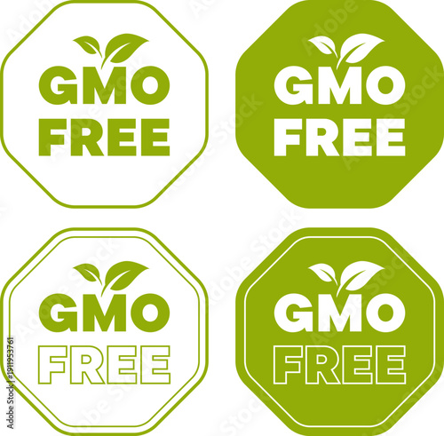 Green GMO free badges showing leaf icons in different octagon styles for product labeling