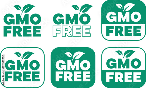 Green GMO free labels with leaf icons in various badge styles on a white background