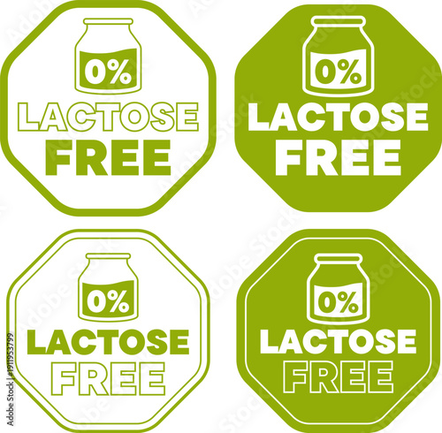 Green lactose free labels with milk jar and percent icon in solid and outline styles
