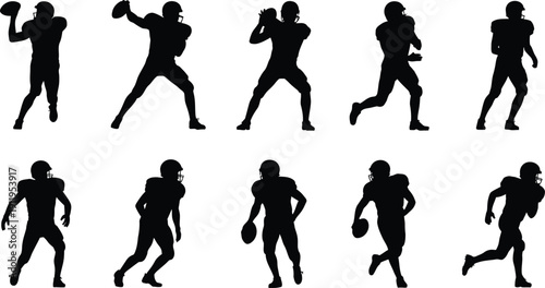 American Football Players Running Silhouettes on White Background