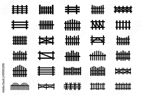 Fence Silhouette Set – Wooden Garden Fence, Picket Barrier and Farm Boundary Black Vector Collection for Landscape, Yard and Property Design