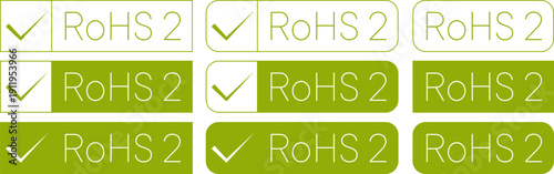 Different styles of green RoHS check mark labels for product compliance and identification