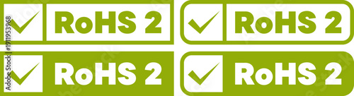 Green RoHS check mark labels in solid and outline rectangular and rounded styles used for products