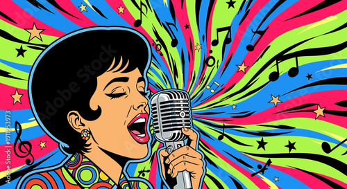 Woman singing into microphone with colorful psychedelic background and music notes