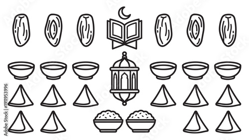 Ramadan Kareem Iftar and Eid Mubarak Outline Icons Set. Collection of Islamic holiday symbols including dates, Quran, lantern, and traditional food for web and app design.