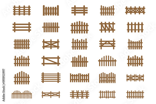 Fence Silhouette Set – Wooden Garden Fence, Picket Barrier and Farm Boundary Black Vector Collection for Landscape, Yard and Property Design