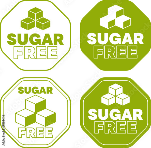 Green sugar free badges with cube icons on white background for product labeling