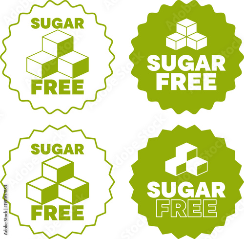 Green sugar free badges with cube icons in round seal designs on white backdrop