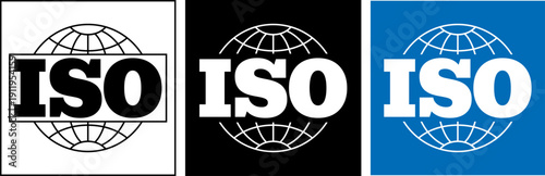ISO logo variations with globe grid design in black, white, and blue squares