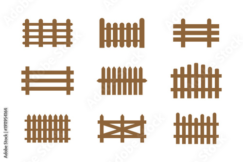 Wooden Garden Fence Icons Set – Black Silhouette Picket Fence Collection, Rural Farm and Backyard Boundary Barrier Elements Isolated on White Background, Vector Illustration