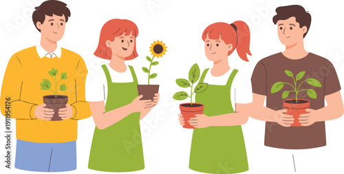 Community Plant Exchange Outline Icon Set  Young People Swapping Sunflowers and Seedlings
