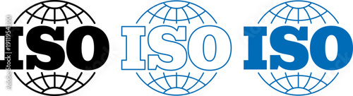 Three ISO globe logos in black and blue with solid and outline designs displayed in a row