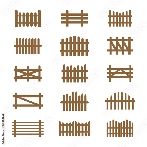 Fence Icon Set Collection, Black Garden and Wooden Fence Silhouette Icons Isolated on White Background Vector.eps10