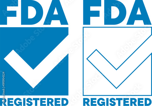 Two FDA registered badge designs with checkmark in blue and outline styles shown together