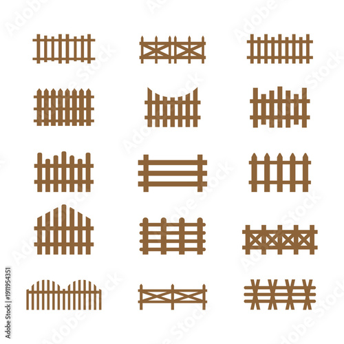 Fence Icon Set Collection, Black Garden and Wooden Fence Silhouette Icons Isolated on White Background Vector.eps10