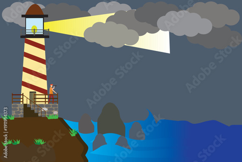 Lighthouse on Beach at Dark Night. Modern Flat Illustration Art.