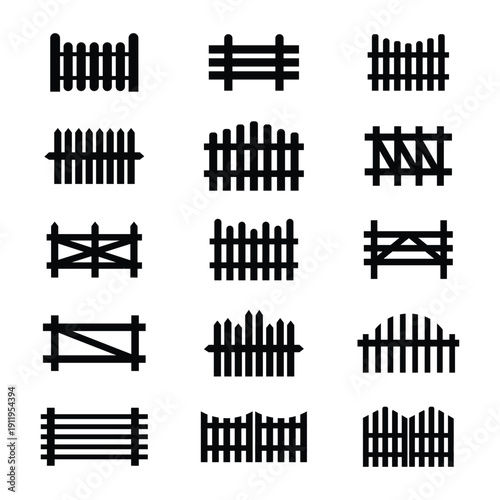 Fence Icon Set Collection, Black Garden and Wooden Fence Silhouette Icons Isolated on White Background Vector.eps10