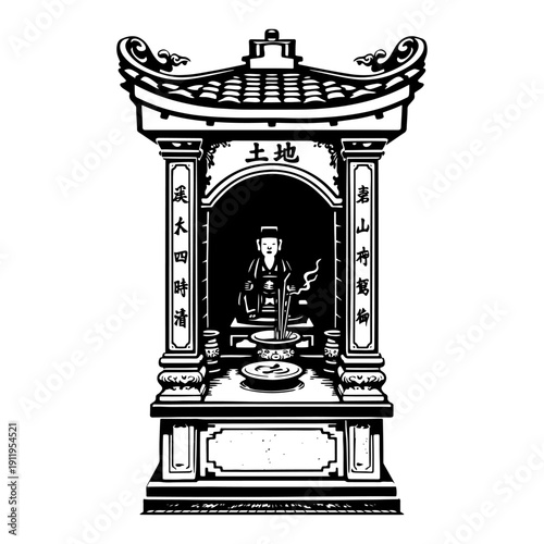 Traditional Vietnamese street shrine altar with incense and statue of local deity in black and white