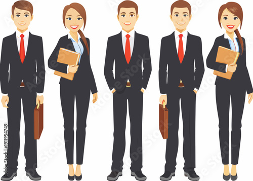 A group of five diverse business professionals in formal attire