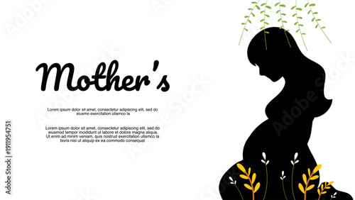 silhouette of pregnant woman looking down with hanging leaves and yellow flowers