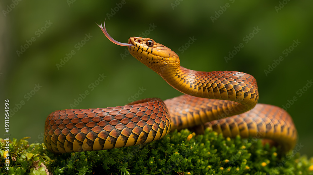 Obraz premium A snake is coiled on moss with its tongue out in a natural environment.