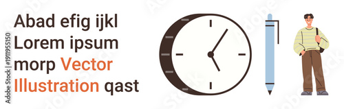 Time management, education, creativity, communication, business, lifestyle. Clock, pen text and casual man featured. Time management and education-focused design elements