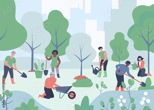 Community members actively planting trees and gardening in a vibrant city park