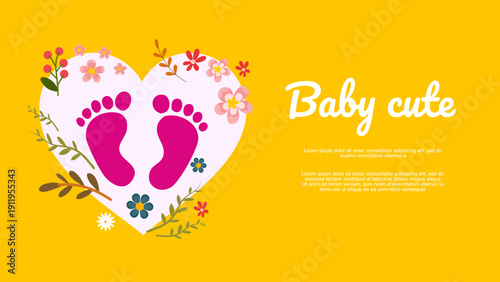 baby footprints in heart shape with flowers for baby shower and mother