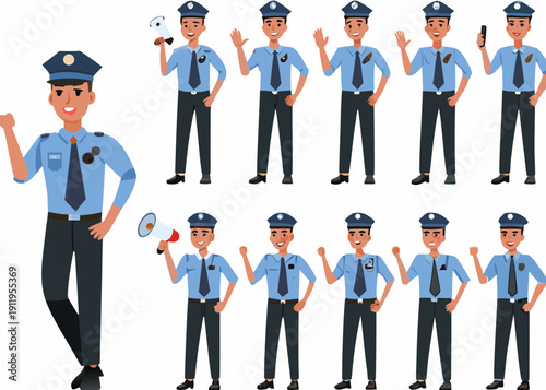 Cartoon police officers in various poses and expressions depicted as vector art