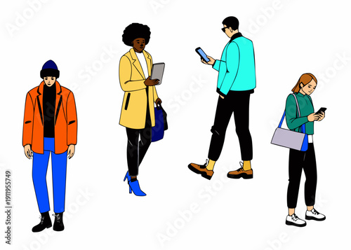 Diverse group of people walking and using mobile devices outdoors