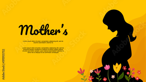 silhouette of pregnant woman on yellow background with small flowers for greeting