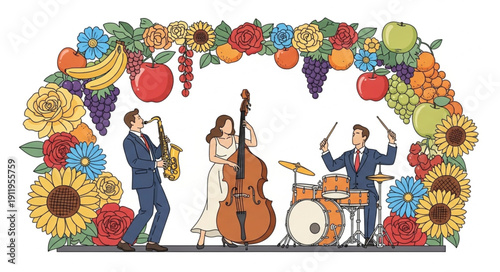Vibrant illustration of jazz musicians surrounded by flowers and fruits.