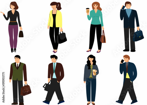 Diverse group of professionals walking and talking on mobile devices